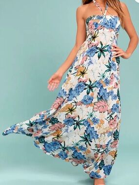 Lulus halter Floral Maxi Dress in Blue & Tan
